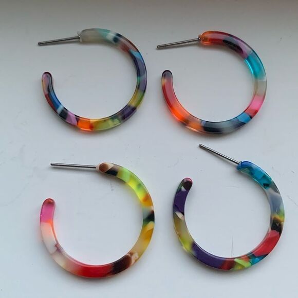 Colorful Swirled Marbleized Acetate Eco Unisex Hoop Handmade Men’s Earrings NEW - Picture 11 of 11